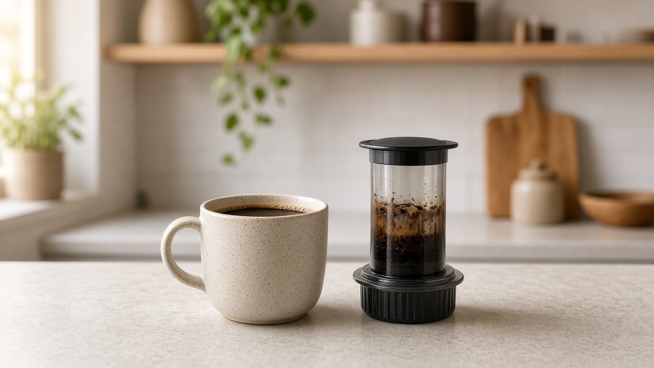 Finished AeroPress coffee served in a mug