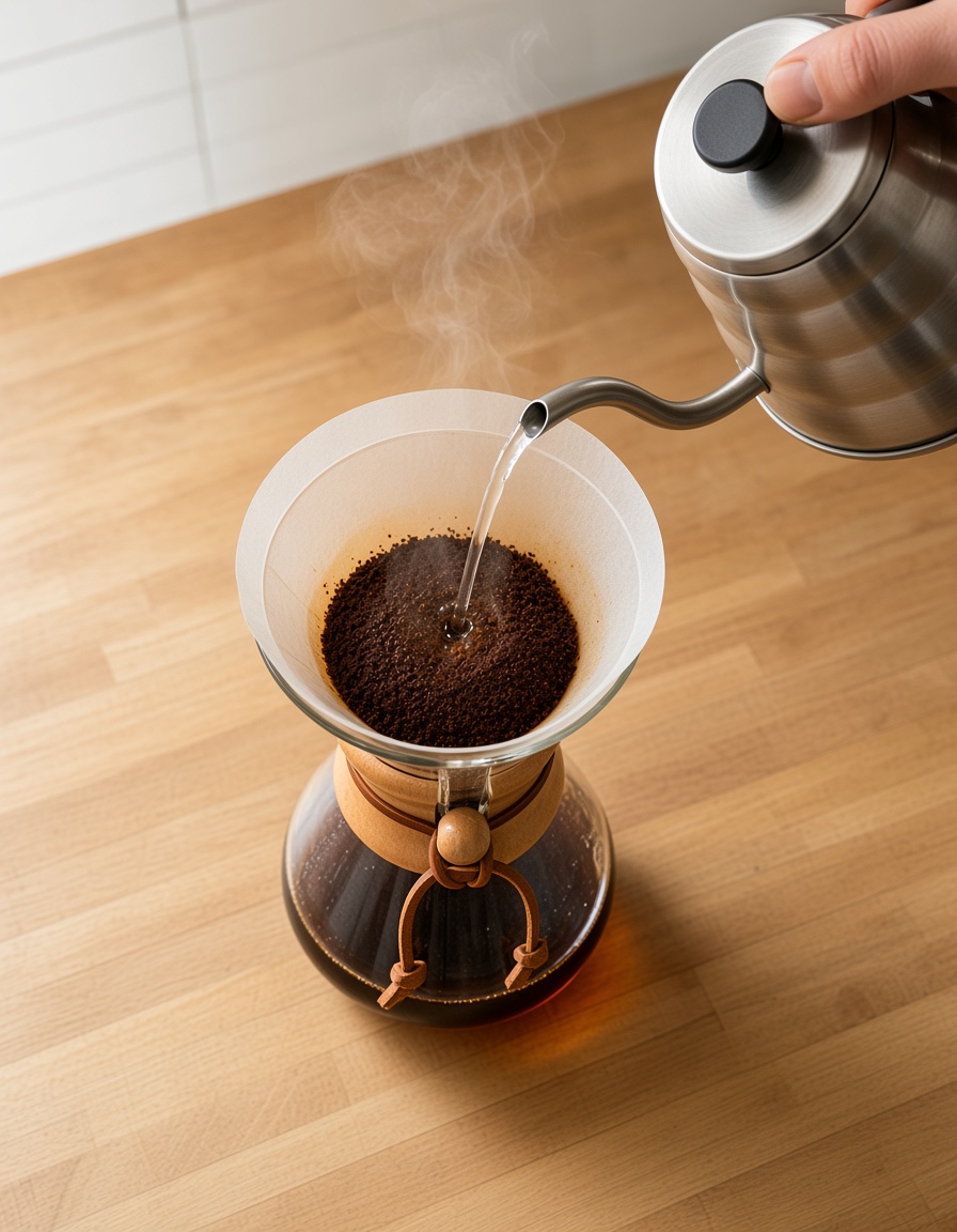 Chemex pour-over mid-pour with gooseneck kettle