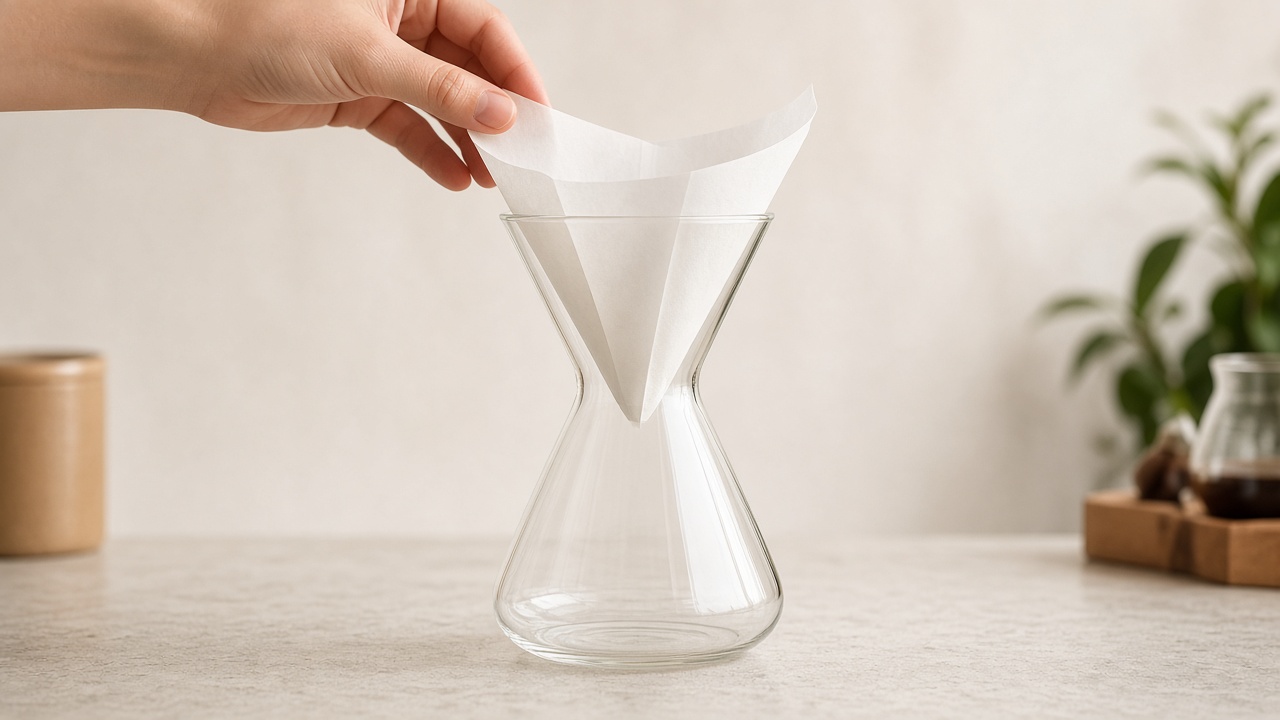 Chemex paper filter placed in the brewer with the triple-folded side against the spout