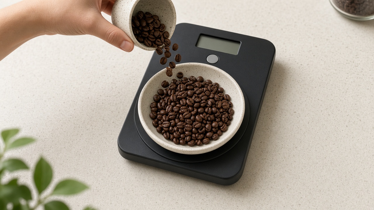 42 grams of coffee beans weighed on a scale for Chemex brewing