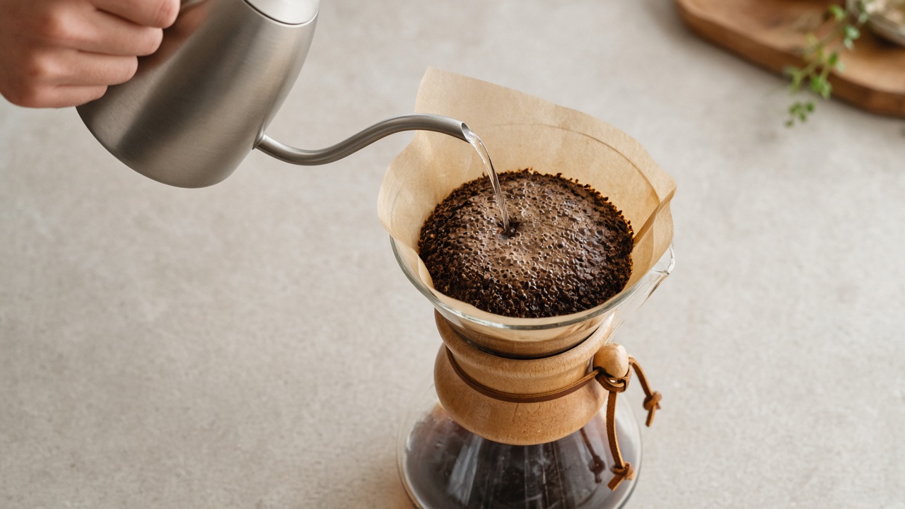 Hot water poured over Chemex coffee grounds to bloom them