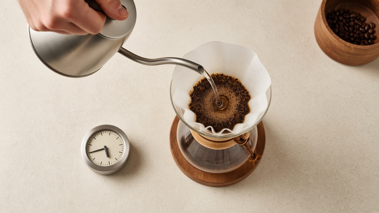 Slow circular pour into a Chemex at the 45-second mark