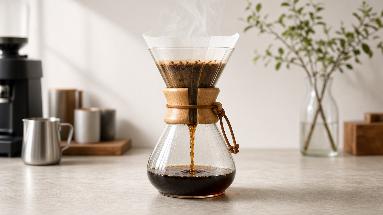 Brewed coffee drawing down through the Chemex filter bed