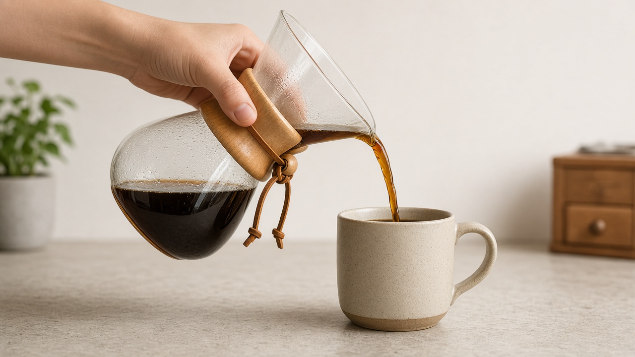 Brewed coffee poured from a Chemex decanter into a cup