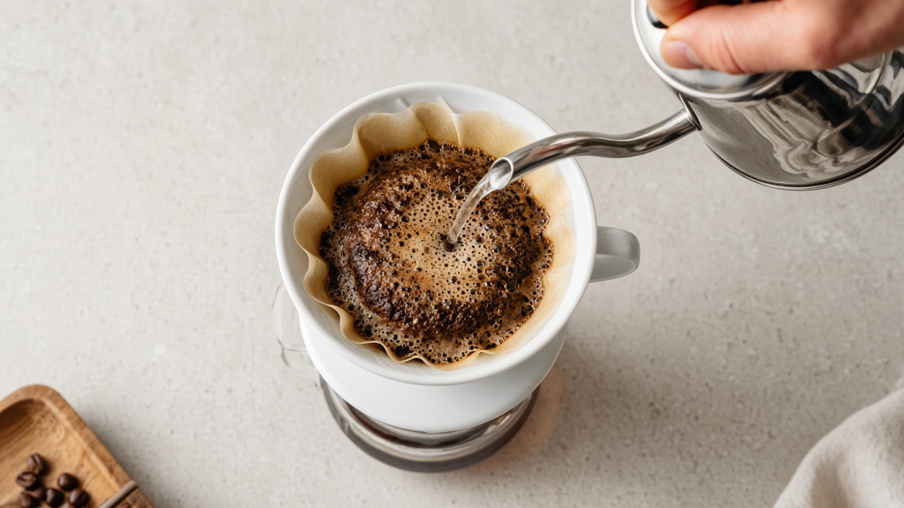 Cone pour-over dripper mid-bloom with gooseneck kettle