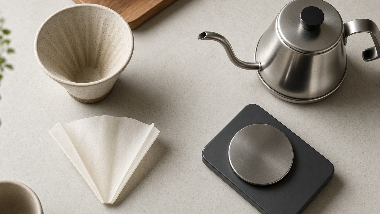 Cone pour-over equipment laid out: dripper, paper filters, gooseneck kettle, scale and timer