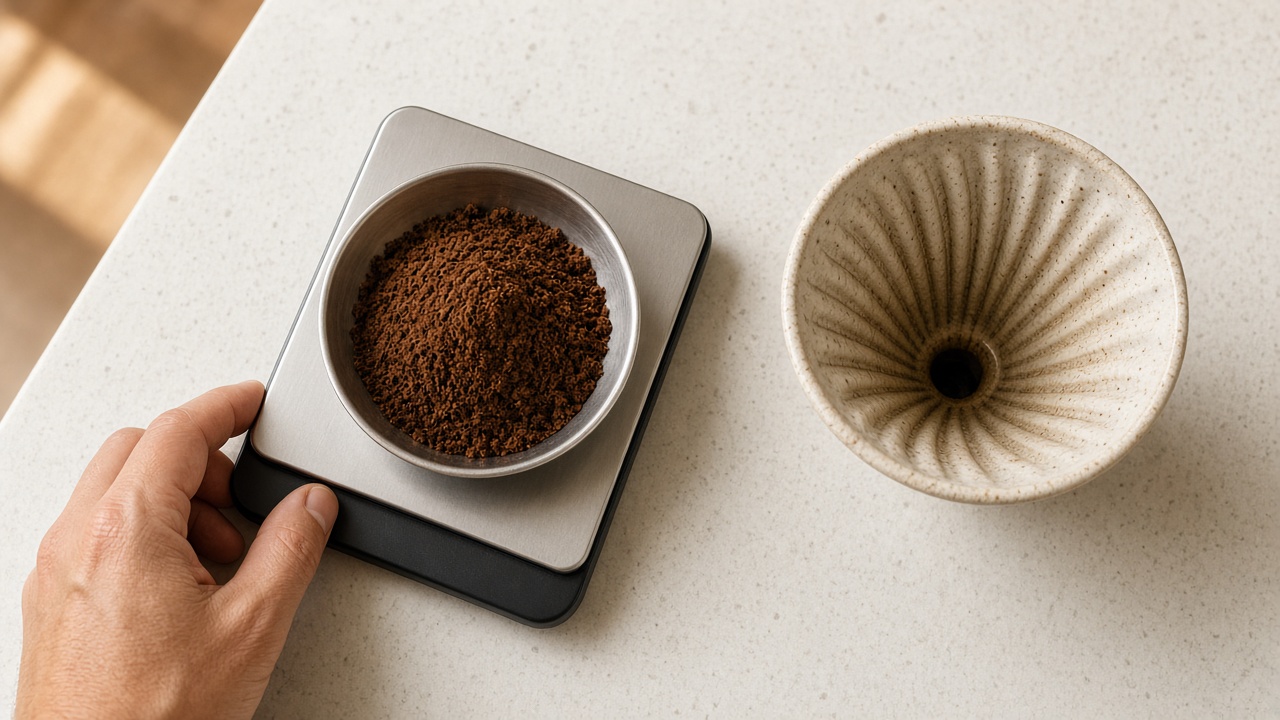 20 grams of medium-fine ground coffee weighed for a cone pour-over