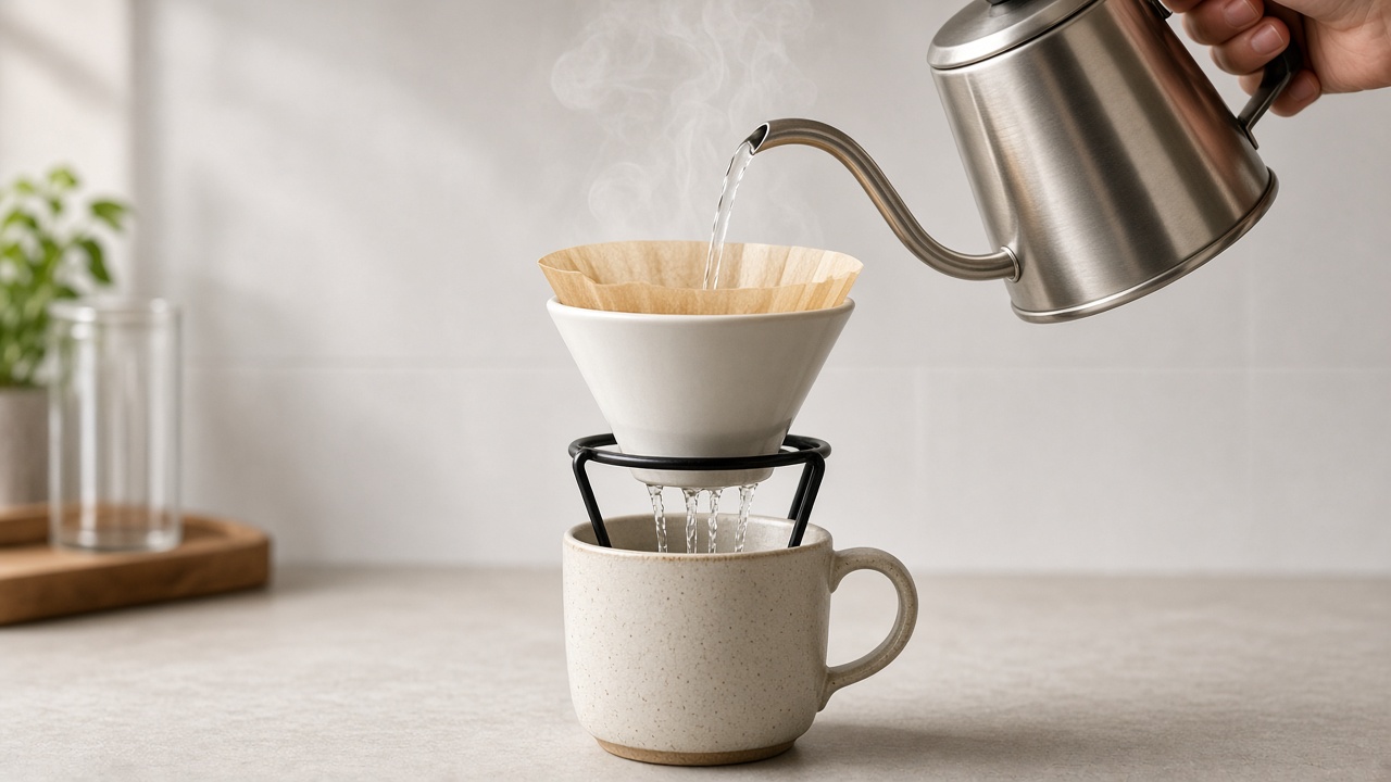 Hot water rinsing the paper filter in a cone dripper to preheat it