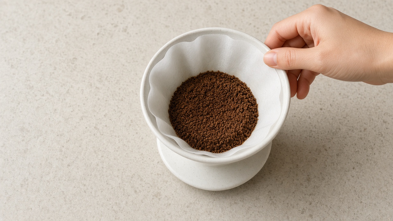 Ground coffee leveled in a cone pour-over filter bed