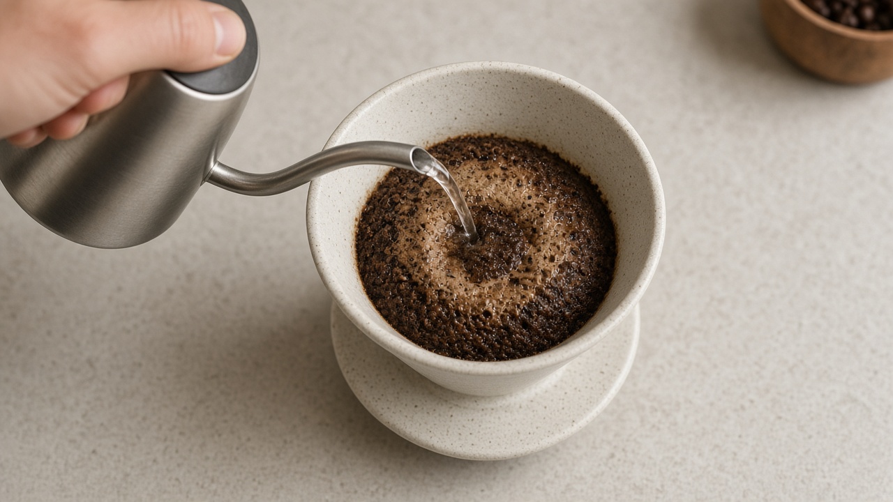 Small bloom pour saturating the grounds in a cone pour-over