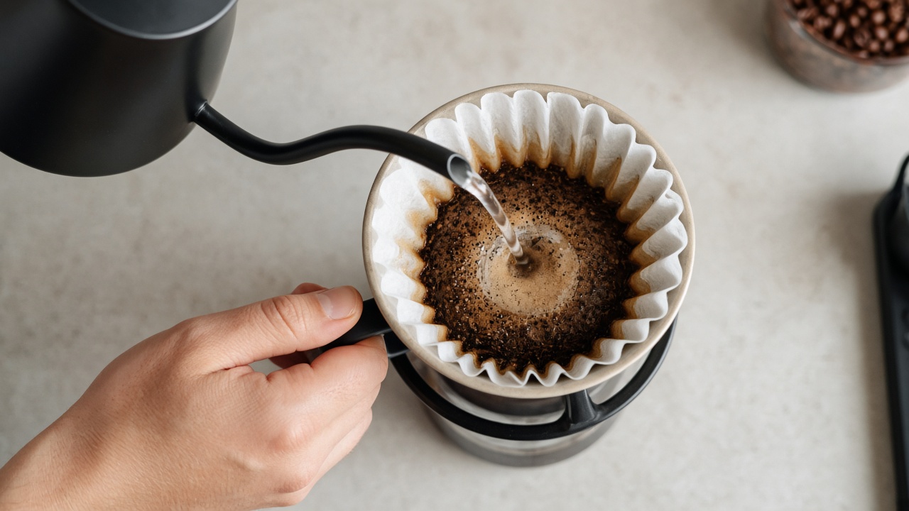 Slow circular pour over a cone pour-over dripper