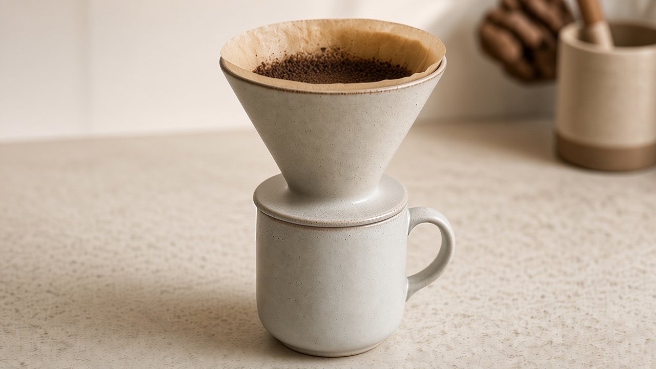 Pour-over coffee drawdown through the filter into the mug