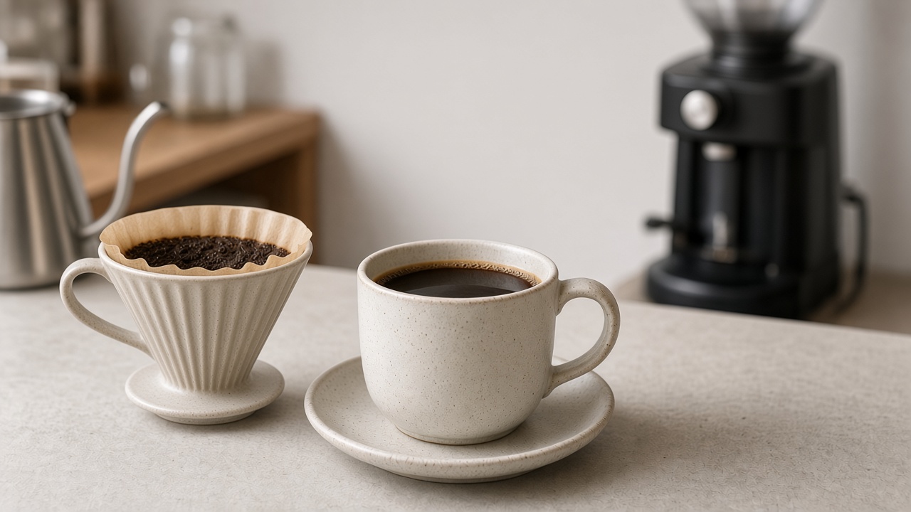 Cone dripper removed and the finished pour-over coffee served