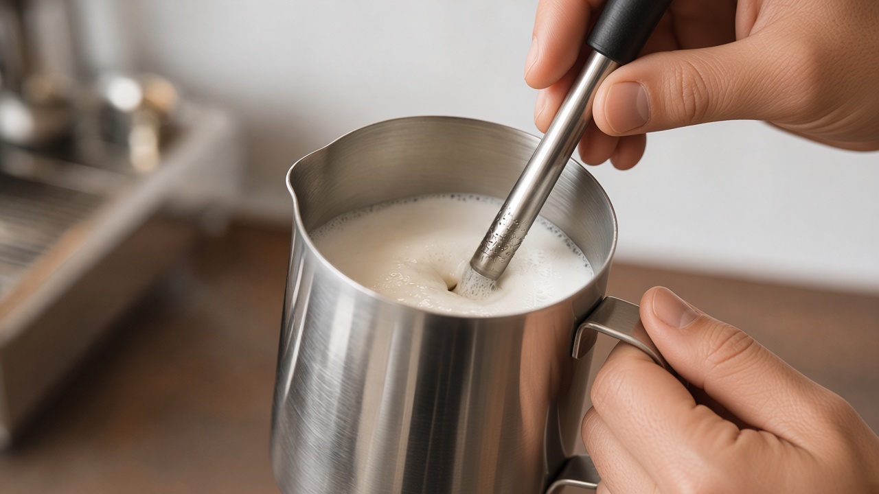 Close-up of milk being steamed with an espresso machine steam wand