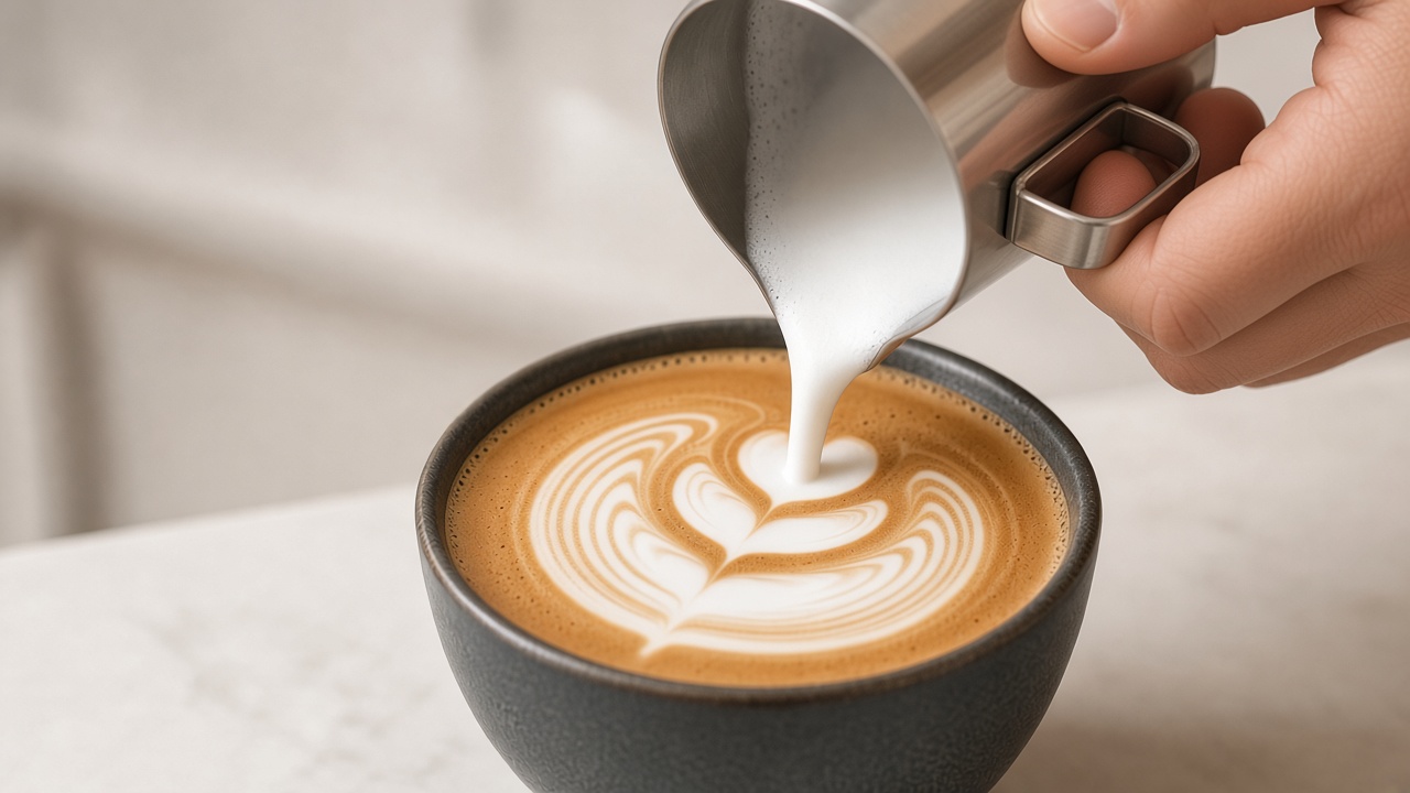 Close-up of steamed milk poured into an espresso-based latte