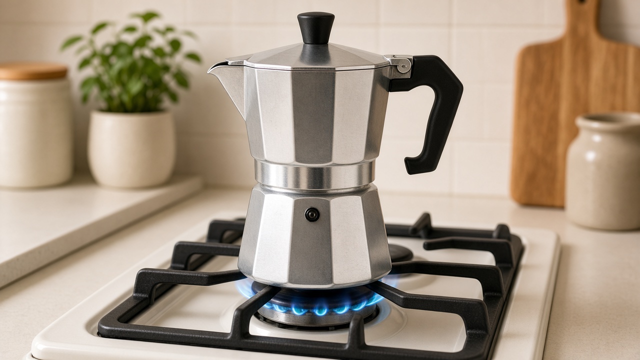 Moka pot brewing on a stovetop burner