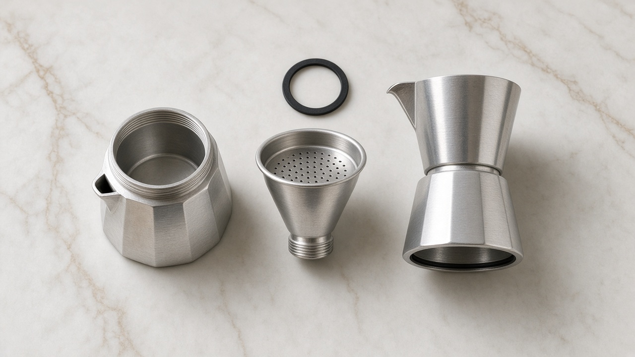 Moka pot disassembled into base, filter basket and upper chamber
