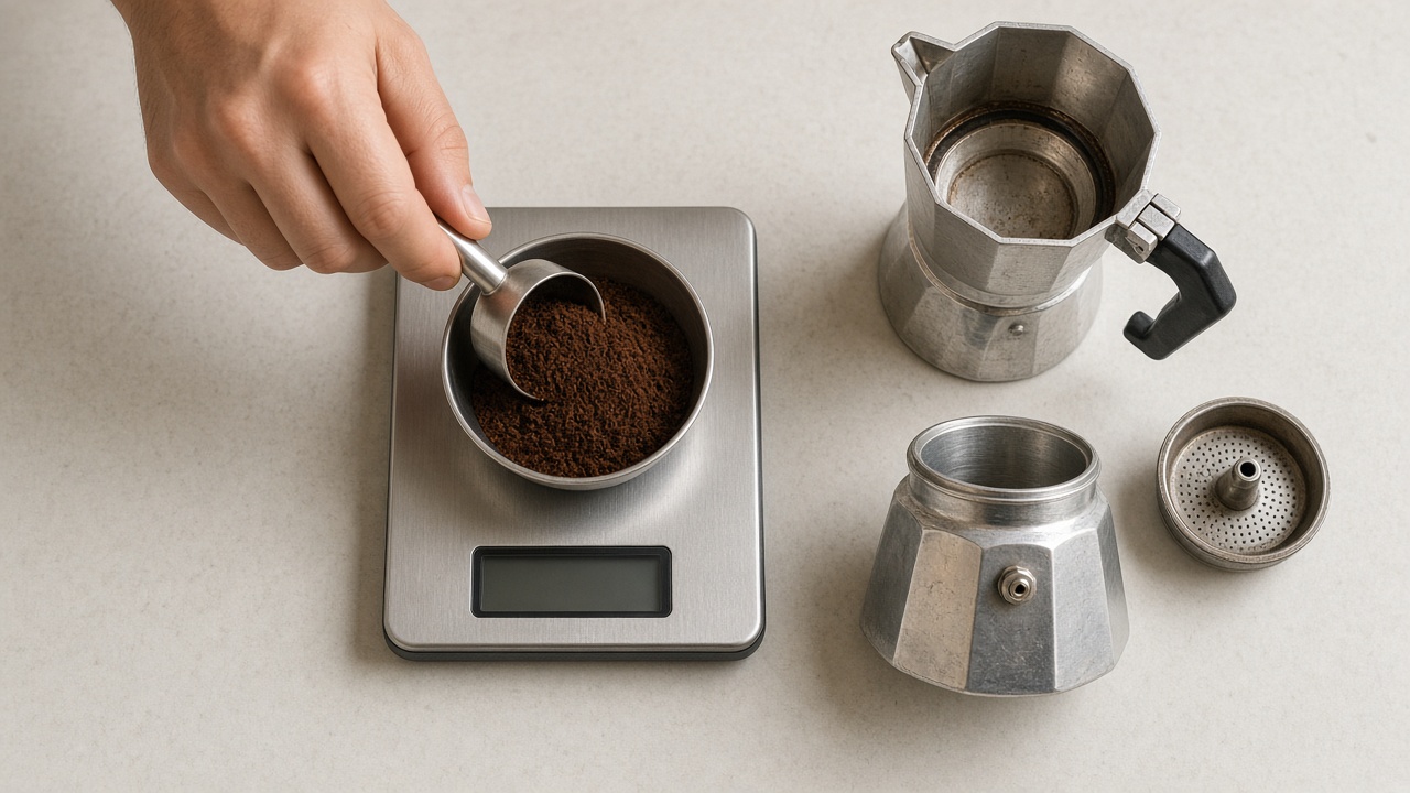Finely ground coffee weighed for a moka pot