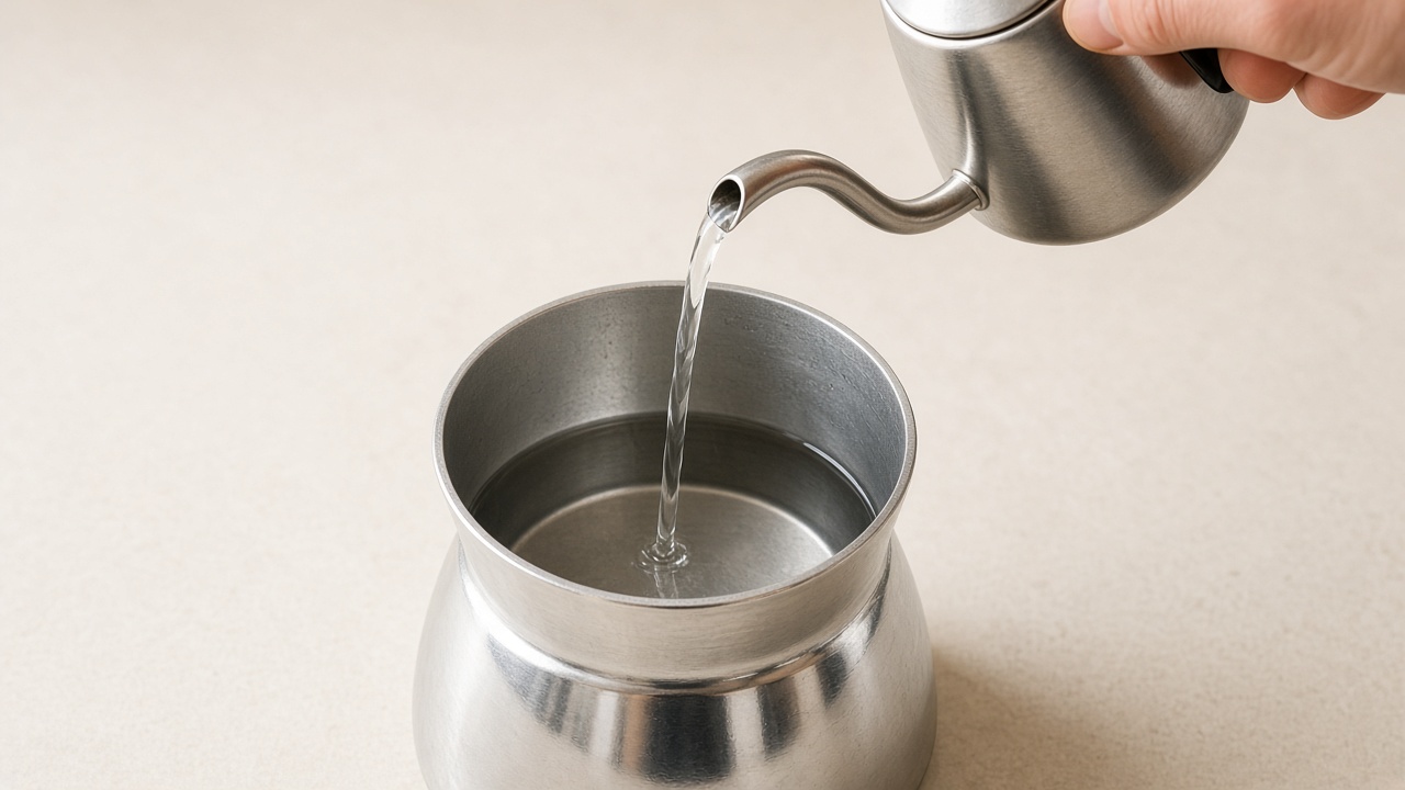 Moka pot base filled with water to just below the safety valve line