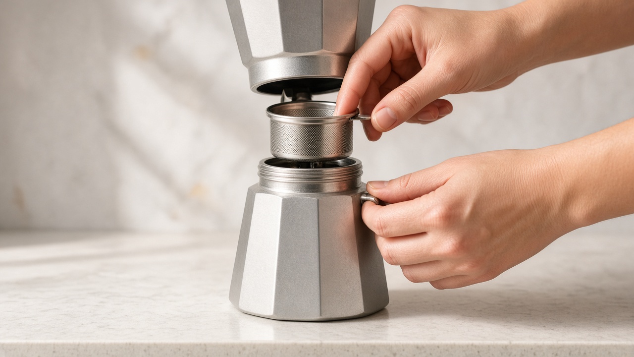 Moka pot assembled with the filled coffee basket in place