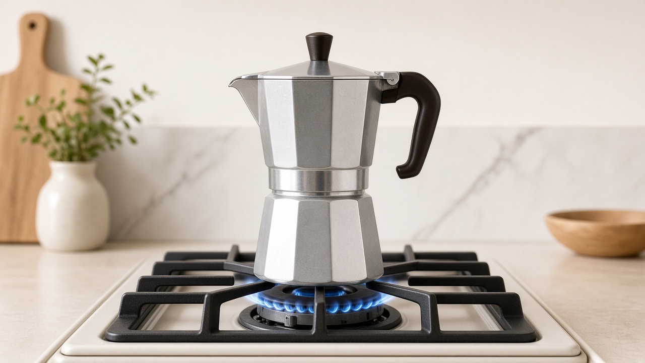Assembled moka pot heating over a low stovetop flame