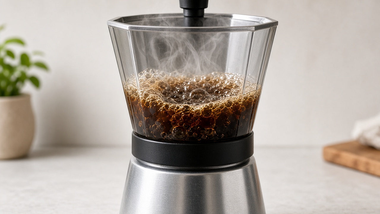 Brewed coffee rising into the upper chamber of a moka pot