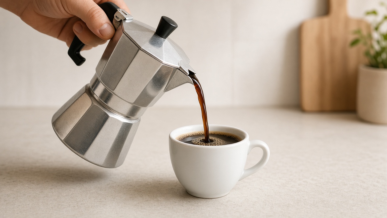 Moka pot coffee poured into a demitasse cup