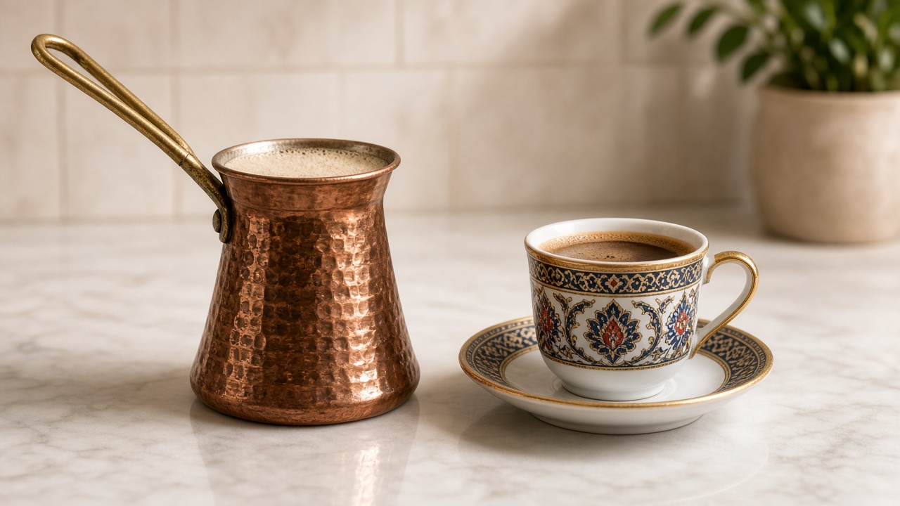 Turkish coffee with a thick layer of foam in a cezve