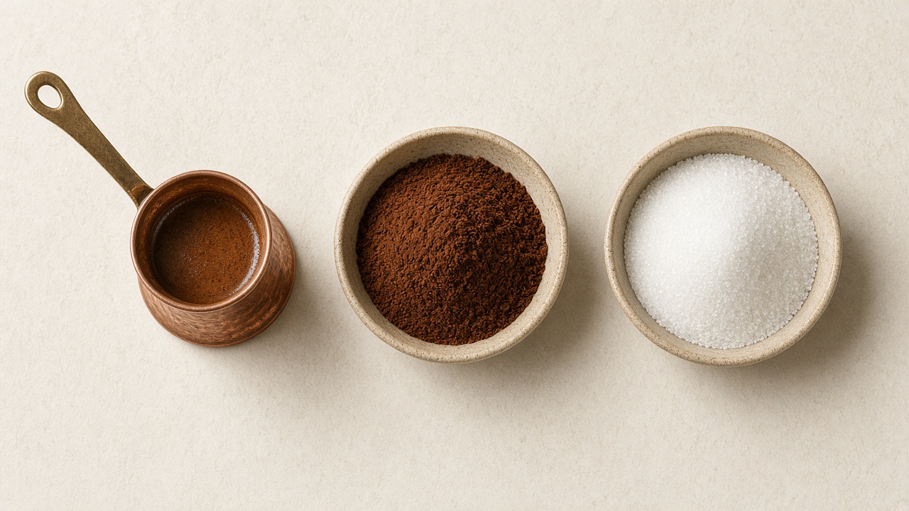 Turkish coffee ingredients and equipment laid out: cezve, finely ground coffee, sugar and water