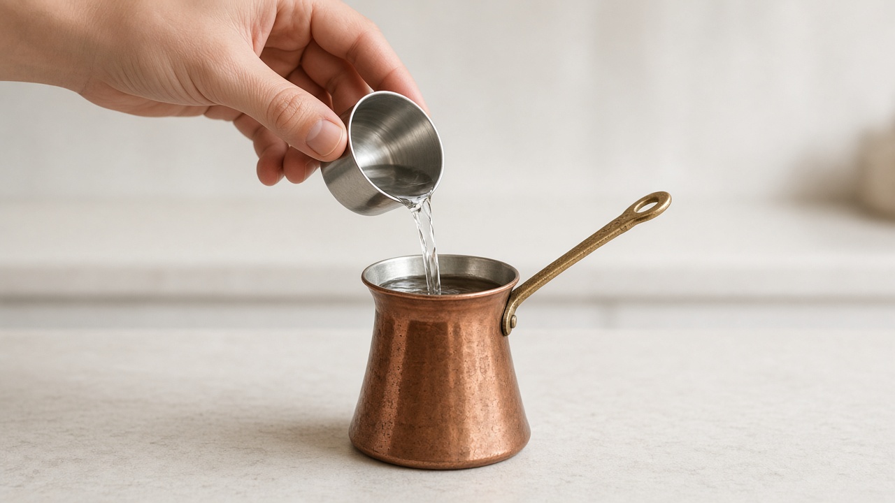 Cold water measured into a cezve for Turkish coffee