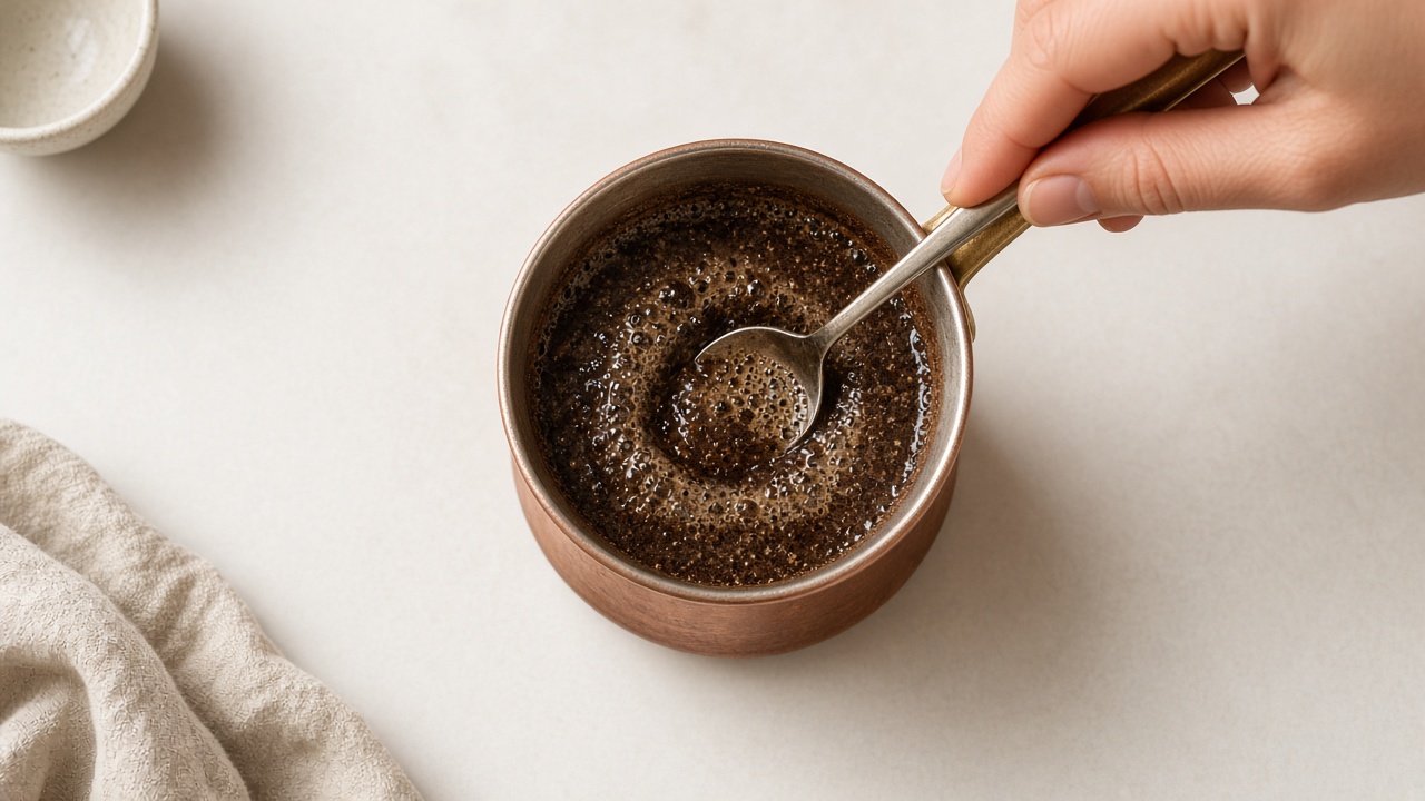 Finely ground Turkish coffee and sugar stirred into water in a cezve