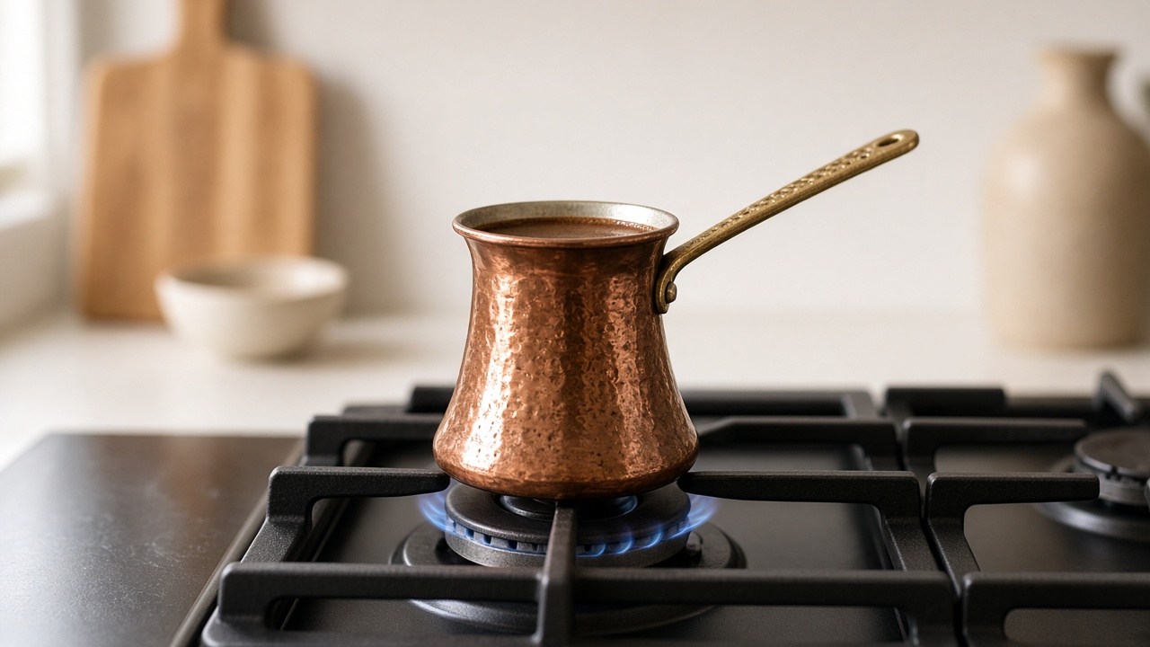 Cezve of Turkish coffee heating slowly over low heat