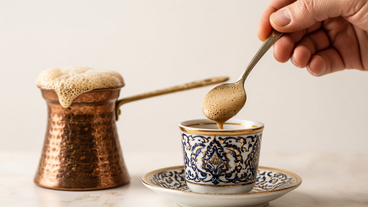 Foam spooned from the cezve into a Turkish coffee cup