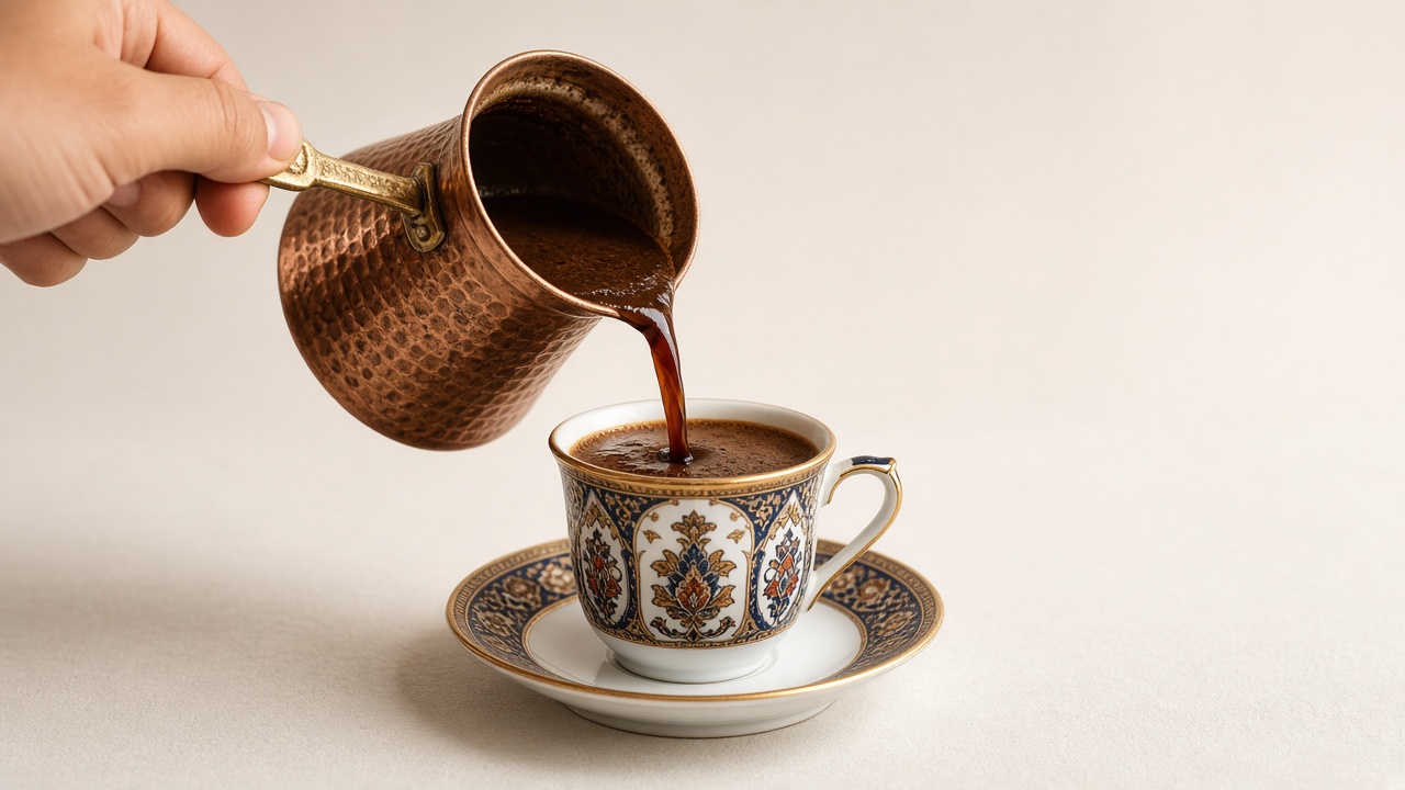 Turkish coffee poured from the cezve into a cup
