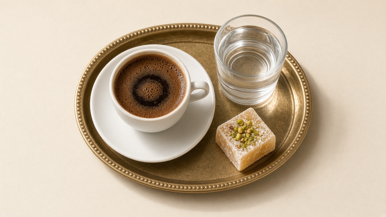 Served Turkish coffee with foam alongside a glass of water