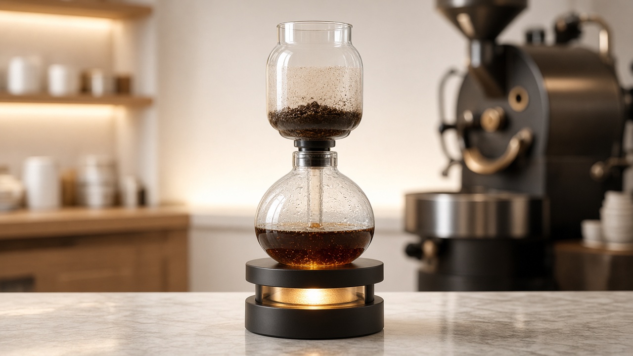 Backlit vacuum pot siphon brewer mid-brew