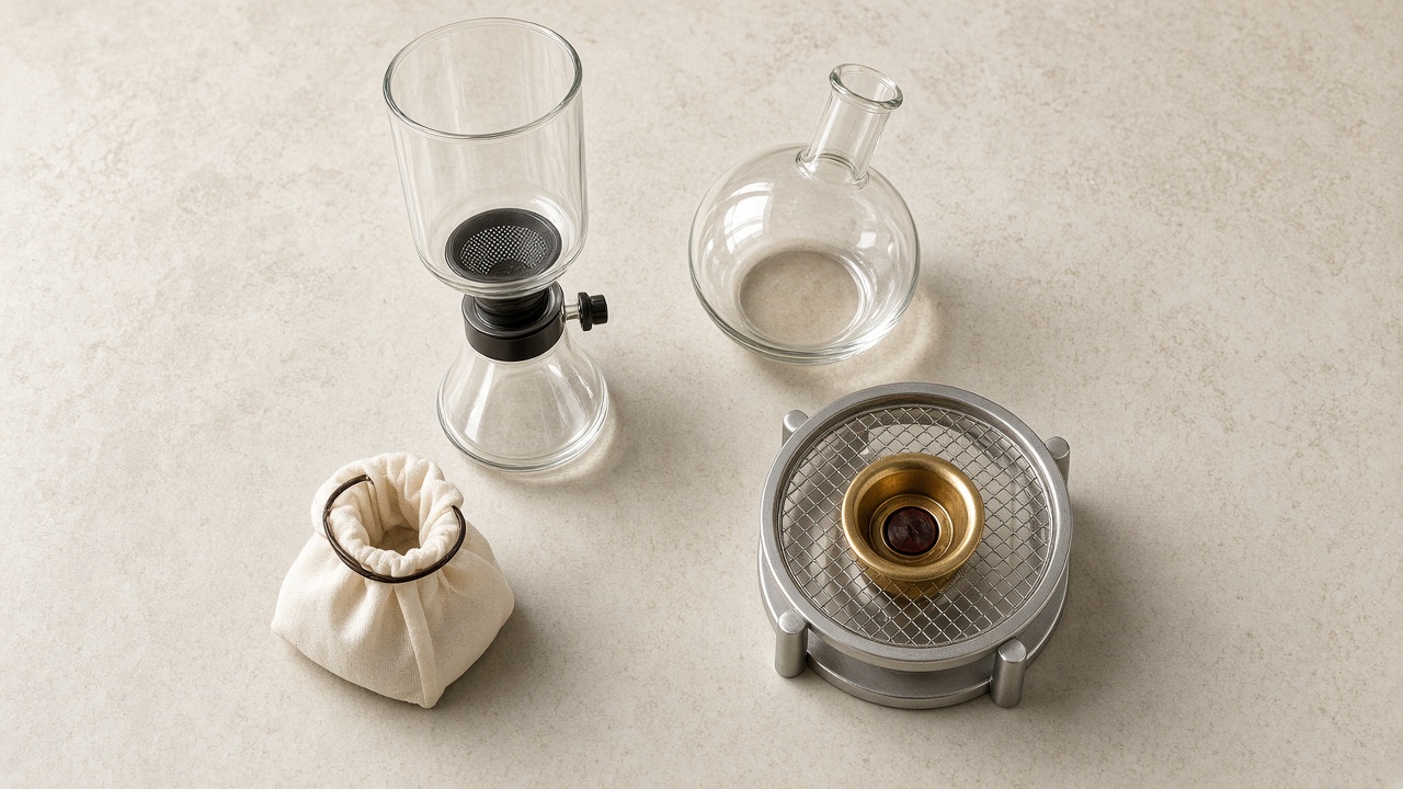 Vacuum pot brewing equipment laid out with filter, scale and stirring paddle