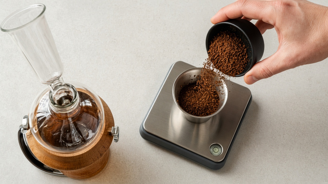 Medium-ground coffee weighed for vacuum pot brewing