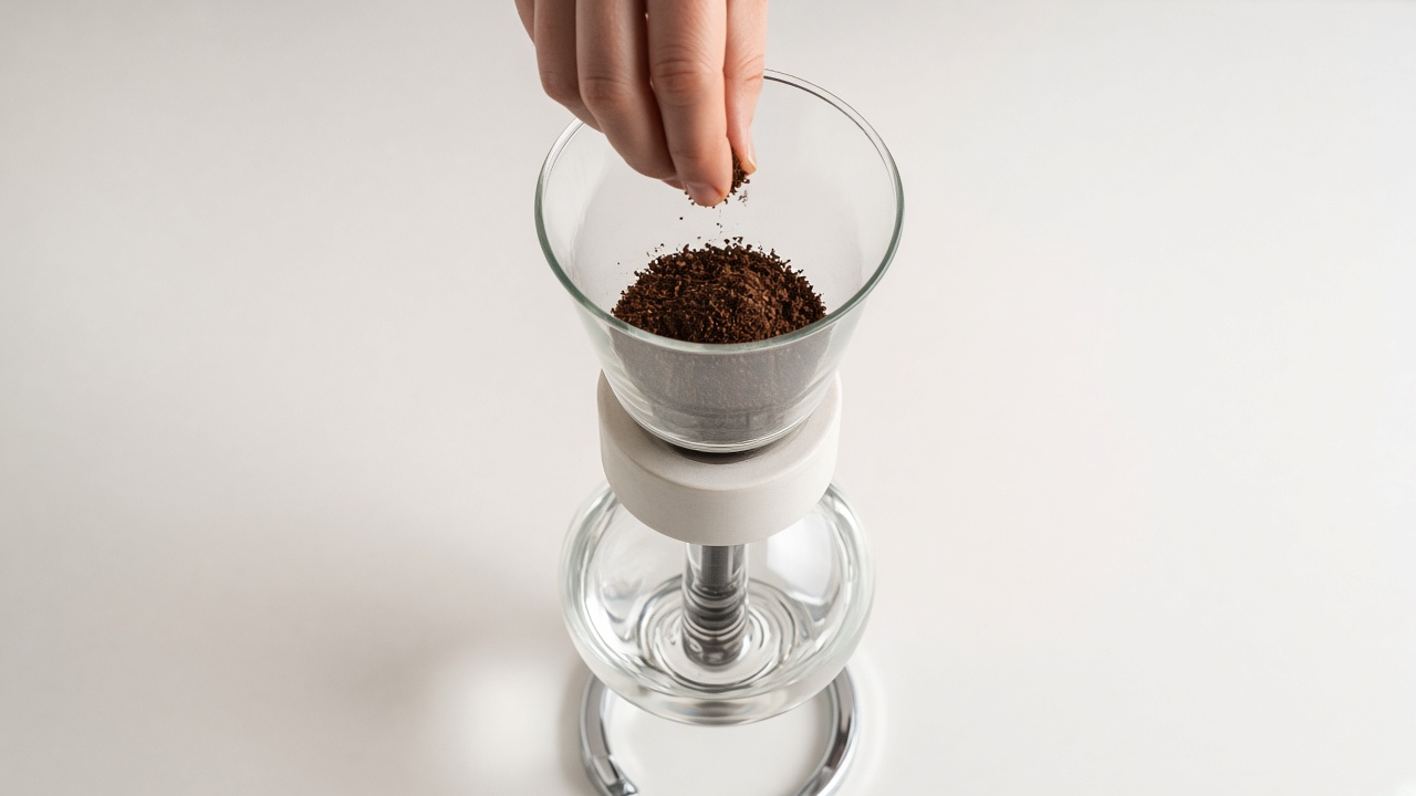 Ground coffee added to the upper chamber of a vacuum pot