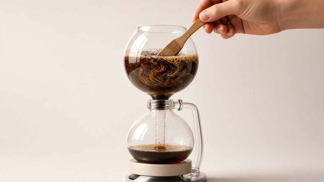 Coffee stirred during immersion brewing in a vacuum pot