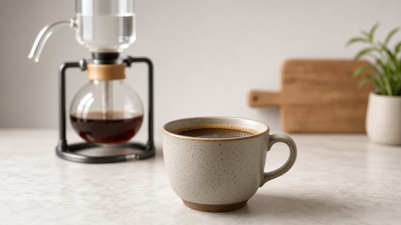 Vacuum pot coffee served in a cup