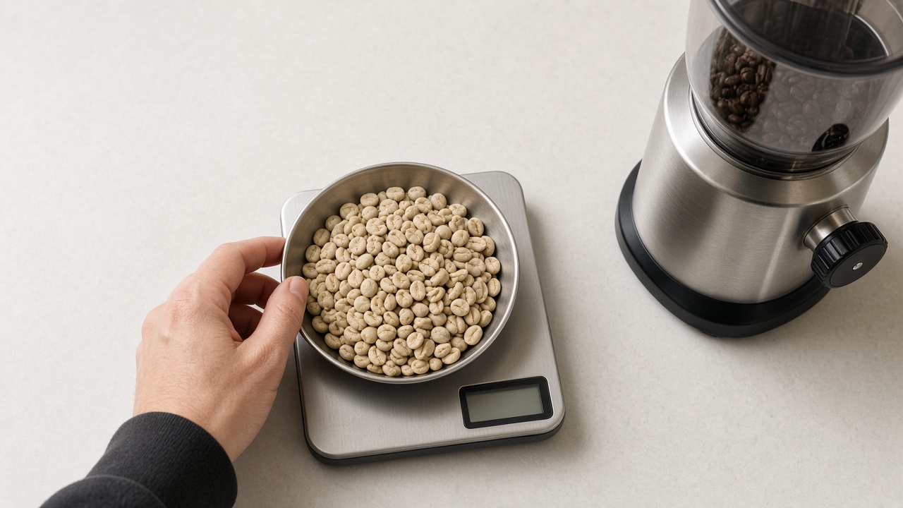 Pale, lightly roasted white coffee beans weighed on a scale