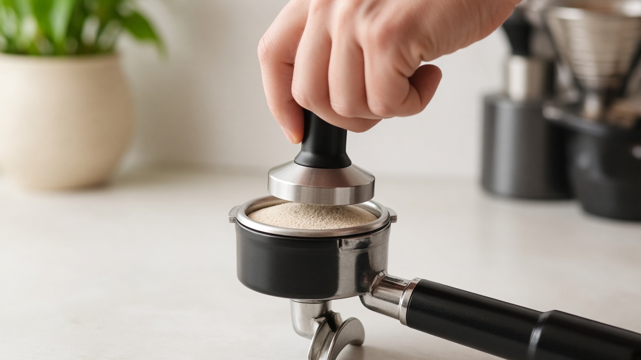 White coffee dosed and tamped level in an espresso portafilter