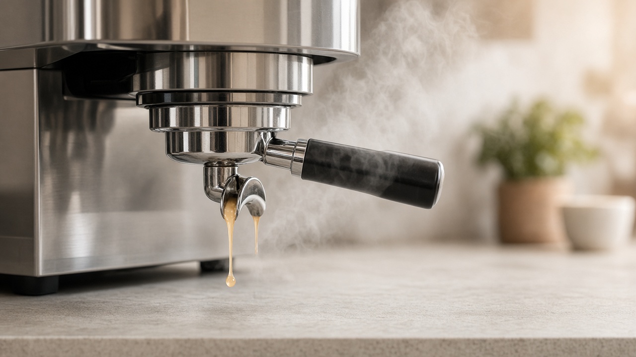 Pre-infusion wetting the white coffee puck in an espresso machine