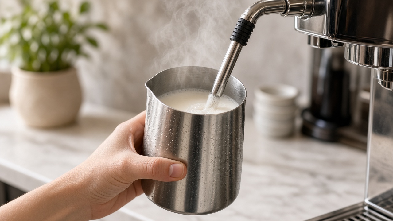 Milk steamed with a steam wand for a white coffee drink