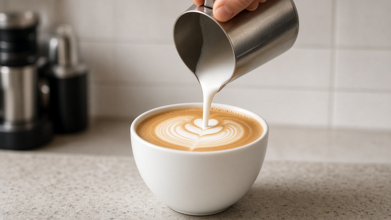 Steamed milk poured into a white coffee latte